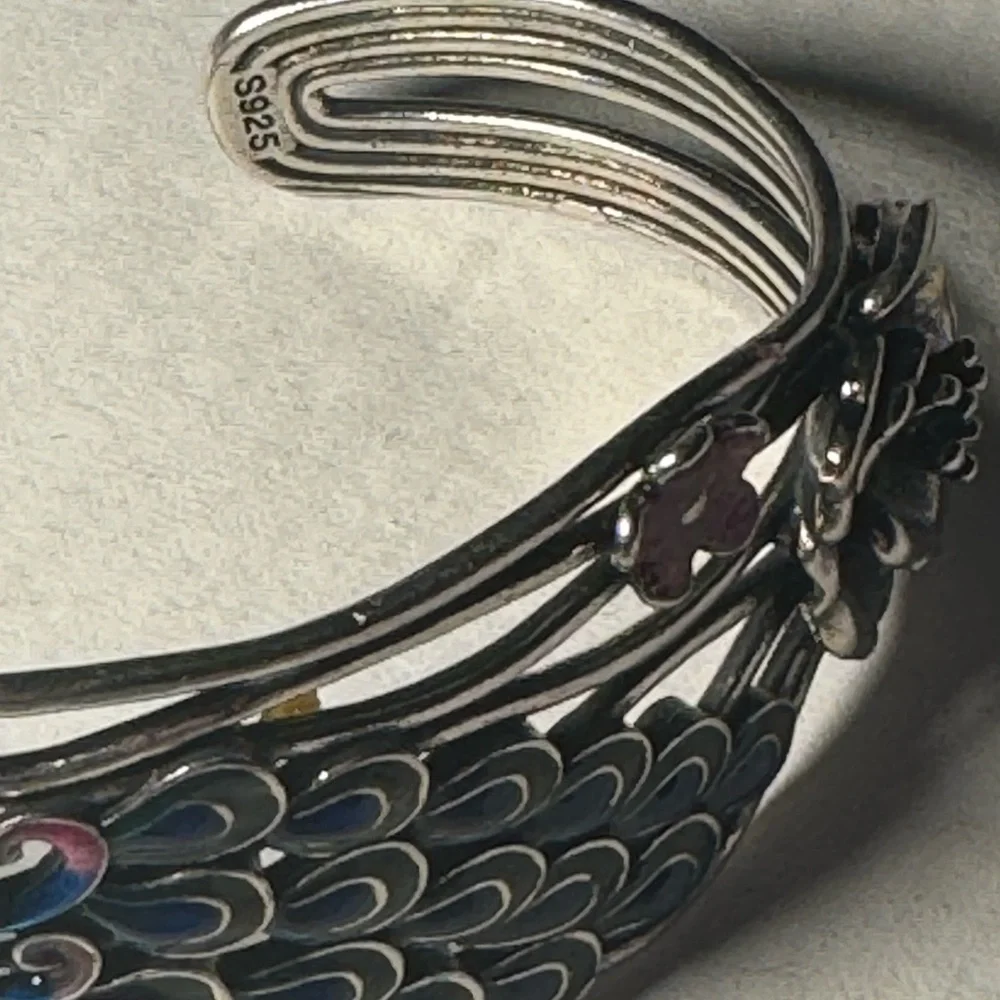 Sterling Silver Peacock Bangle Bracelet Cuff